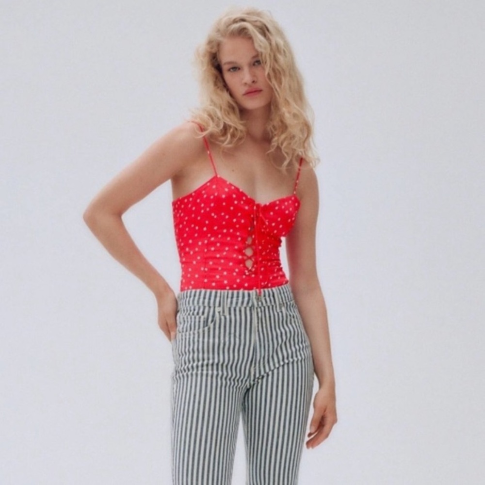 Zara Bodysuit Small Satin Effect Start Print Lace Up Spaghetti Strap V-Neck